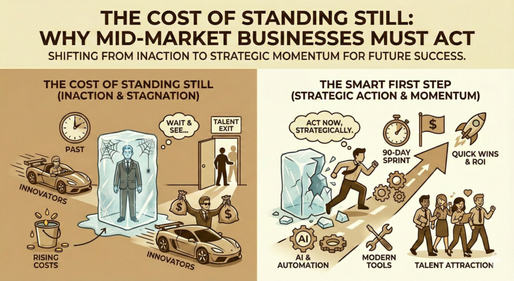 Comparison of a frozen businessman in ice versus an active team moving up an arrow of progress.