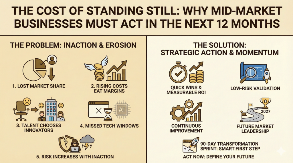 Infographic contrasting the risks of mid-market business inaction with the rewards of strategic action.