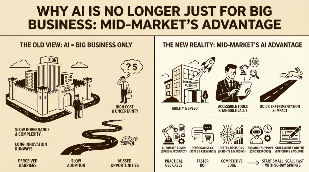 Comparison infographic showing how mid-market businesses gain AI advantages over slow enterprises.