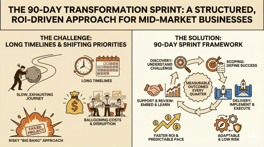 The 90-Day Transformation Sprint: Contrasting long, risky projects with a structured, ROI-driven framework.
