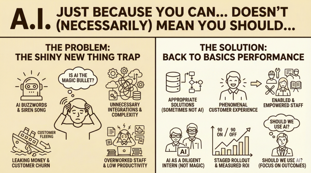 Infographic contrasting the "Shiny New AI Thing Trap" with a "Back to Basics Performance" approach.