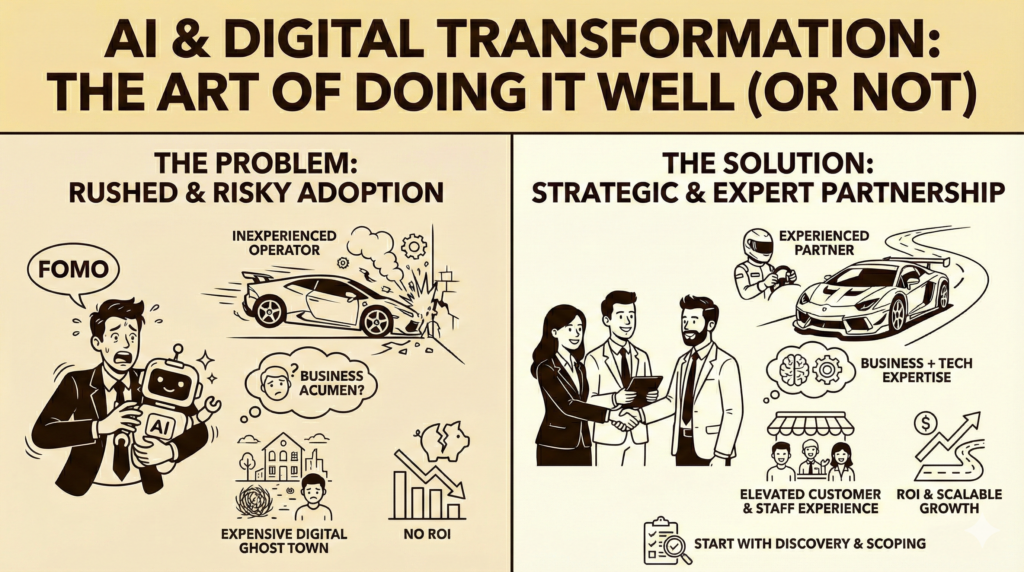 AI Digital Transformation: Rushed, risky adoption vs. strategic expert partnerships.