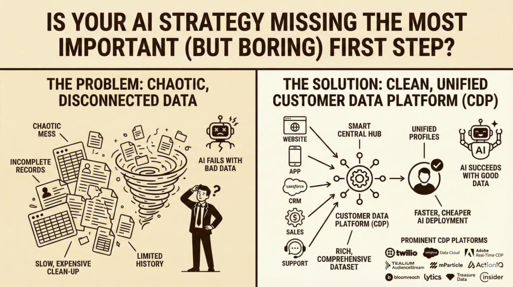 AI Strategy's Missing First Step: Chaotic Data vs Clean Customer Data Platform (CDP) Infographic.