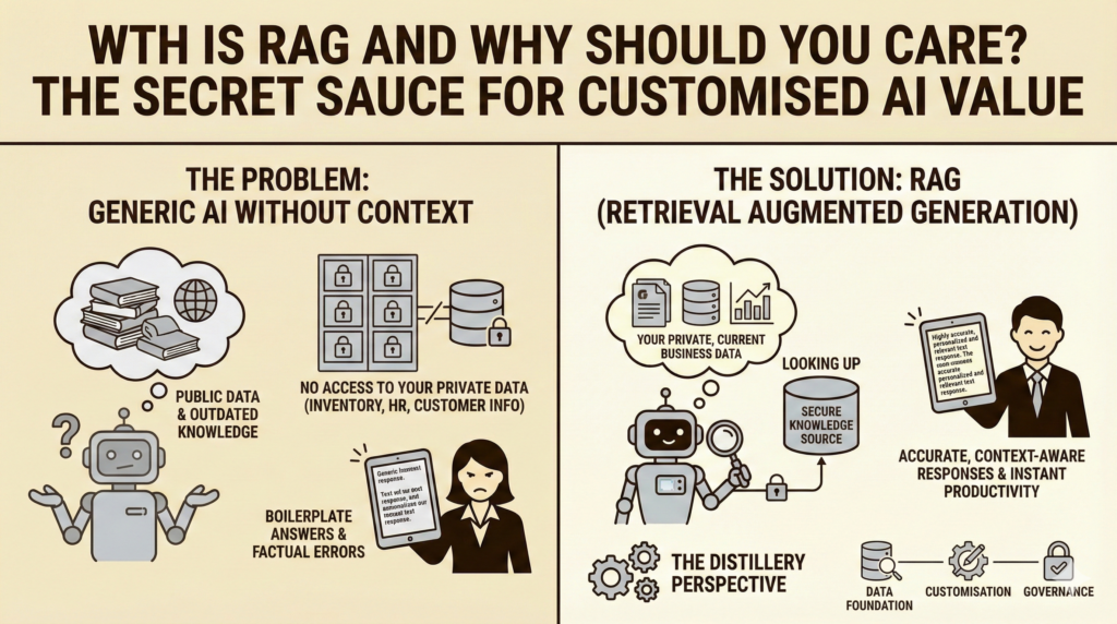 Infographic showing how RAG solves generic AI problems by using private data for customized value.