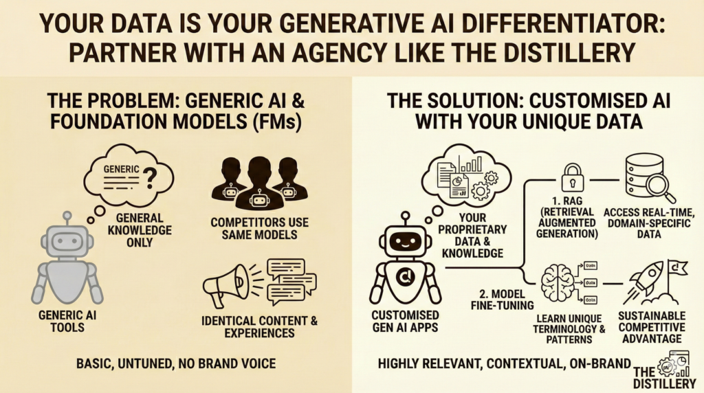 Infographic contrasting generic AI tools versus customised AI using proprietary data for advantage.