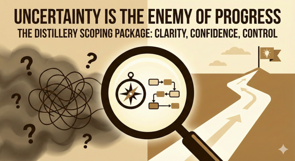 Illustration comparing a "leap of faith" approach to a structured scoping process.