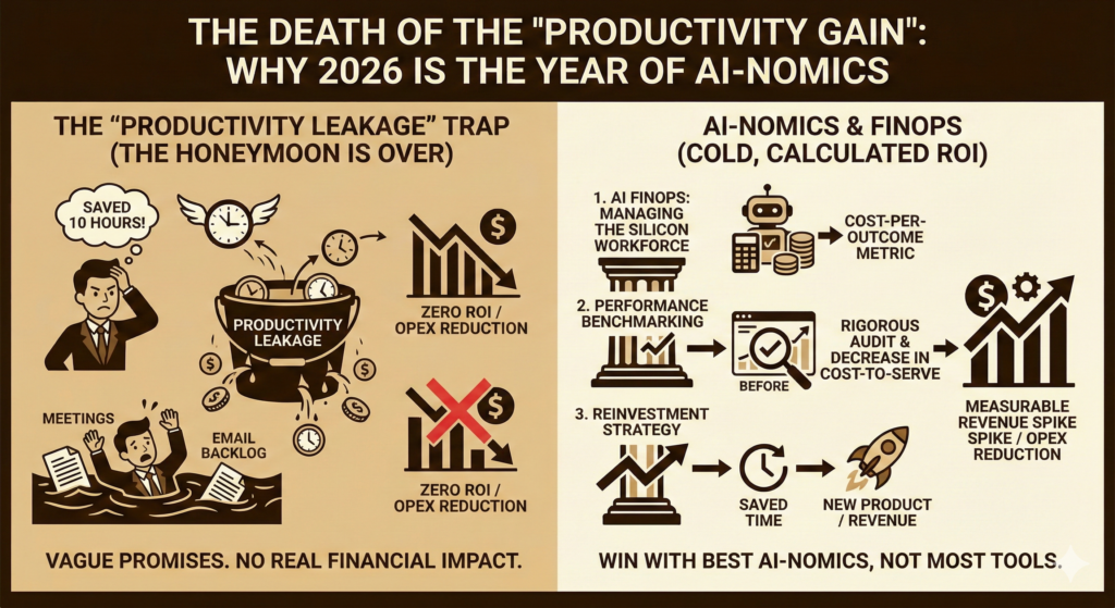 Split infographic titled "The Death of the Productivity Gain." The left side illustrates the "Productivity Leakage Trap," where time saved by AI is wasted on meetings and emails, yielding zero ROI. The right side outlines "AI-nomics & FinOps," showing how managing AI costs, benchmarking performance, and reinvesting saved time drives measurable revenue growth.